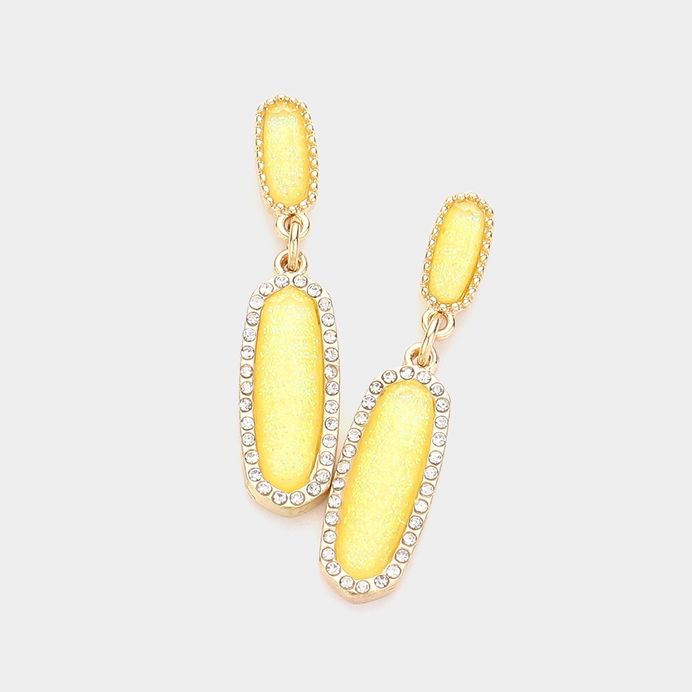 Gold & Yellow Paved Around Oval Dangle Statement Earrings